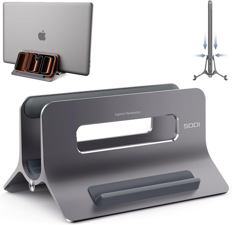 SODI Vertical Laptop Stand for Desk, Gravity Auto Lock MacBook Stand, Aluminum Laptop Holder Vertical Compatible with MacBook Pro, Air, Tablet, Space-Saving Organize Work & Home Office, Gray - Image 1